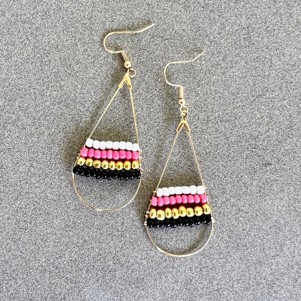 Handmade Gold Seed bead earrings.  Nickel free. 2 1/2” drop.